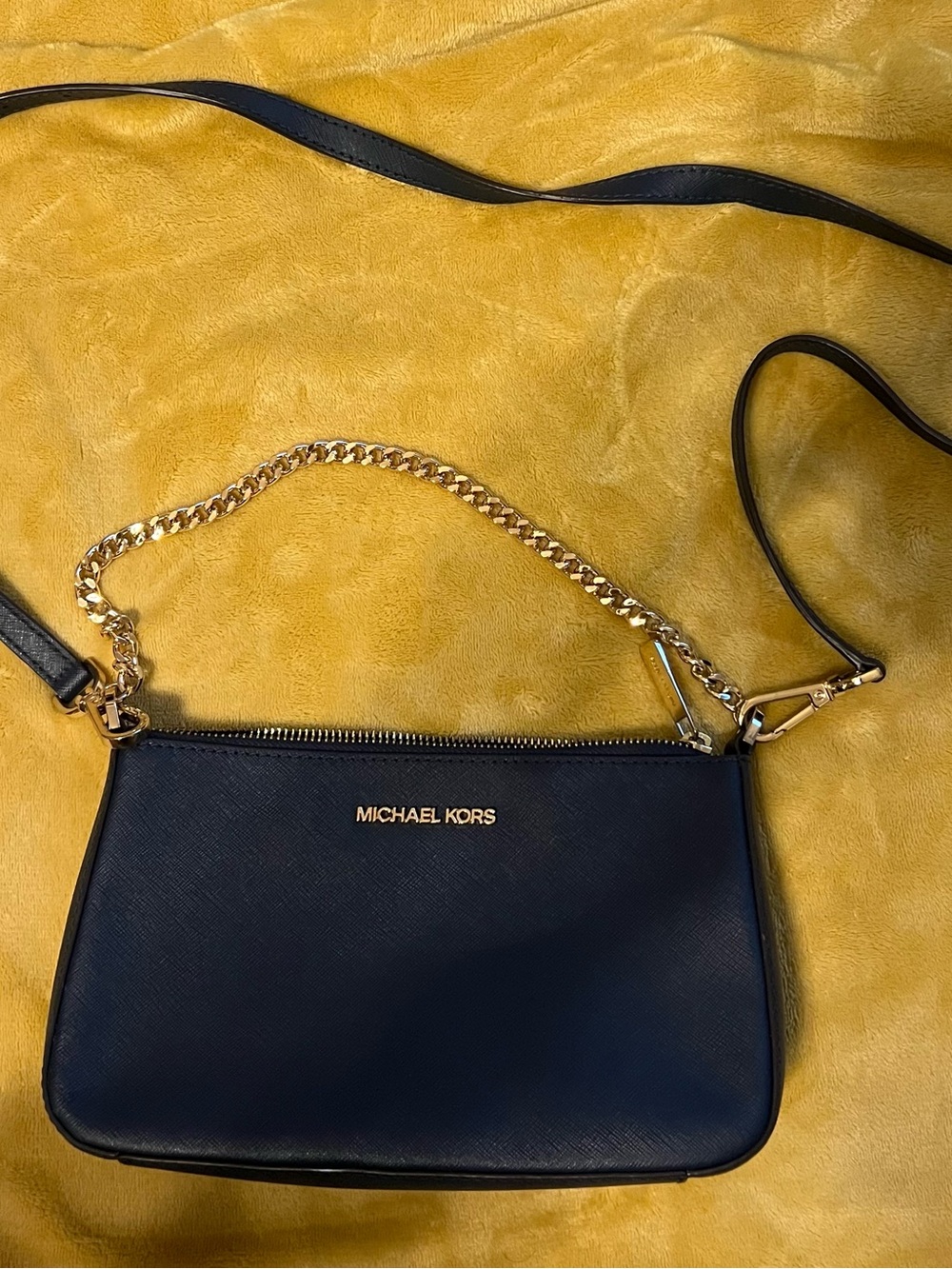 Michael Kors Black Leather Crossbody with Gold Chain Accent